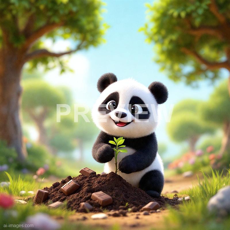 A cute animated panda cub is smiling happily while holding a small green plant in its paws. It is sitting on a mound of soil with some chocolate pieces scattered around, suggesting a playful or environmentally conscious scene. The background features a bright, sunny day with lush green trees and a soft, blue sky, creating a cheerful and vibrant outdoor setting.